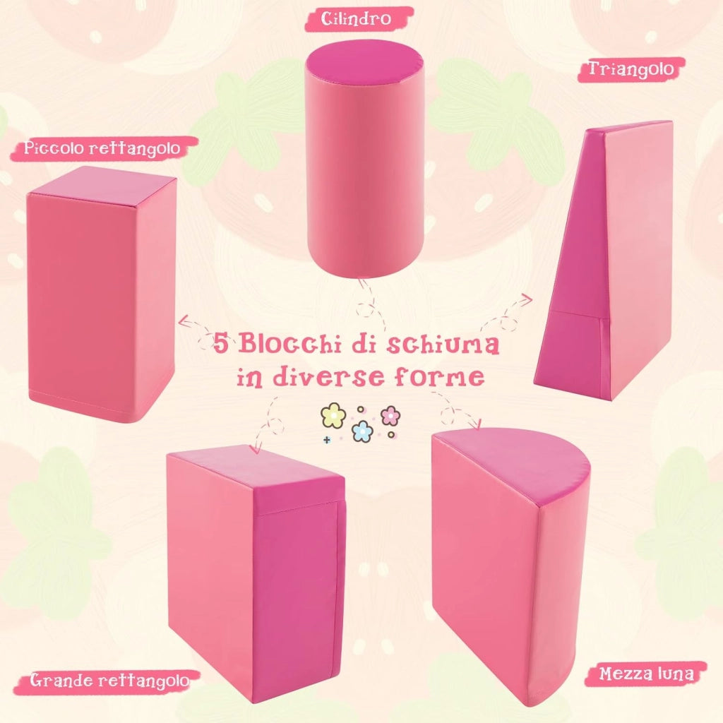 Set di 5 Blocchi con Diverse Forme e Colori, Giocattolo per Arrampicata e Strisciamento, Aiuta i Bambini a Crescere (Rosso e rosa)