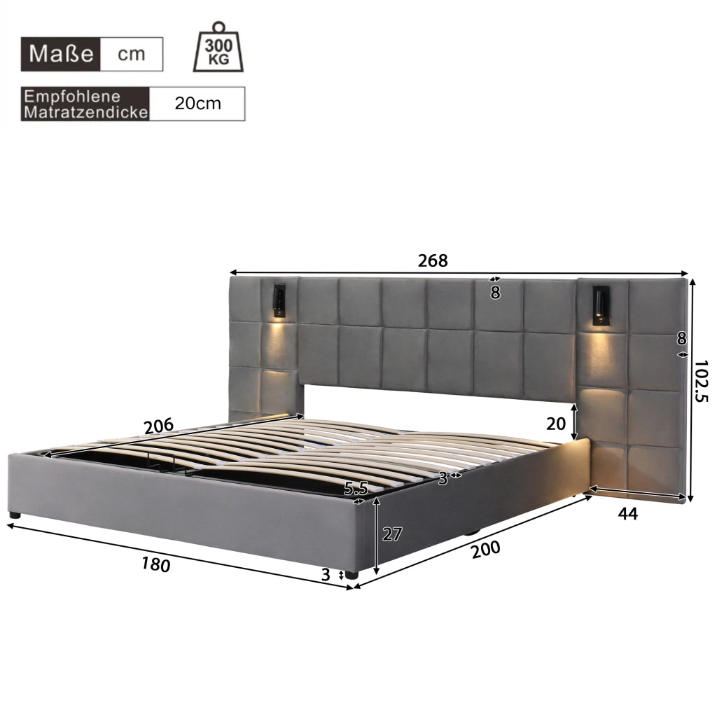 OKWISH Letto Contenitore 180×200 cm, Letto Matrimoniale con Contenitore, Lampada da Lettura Regolabile e USB, senza Materasso, Acciaio, Grigio