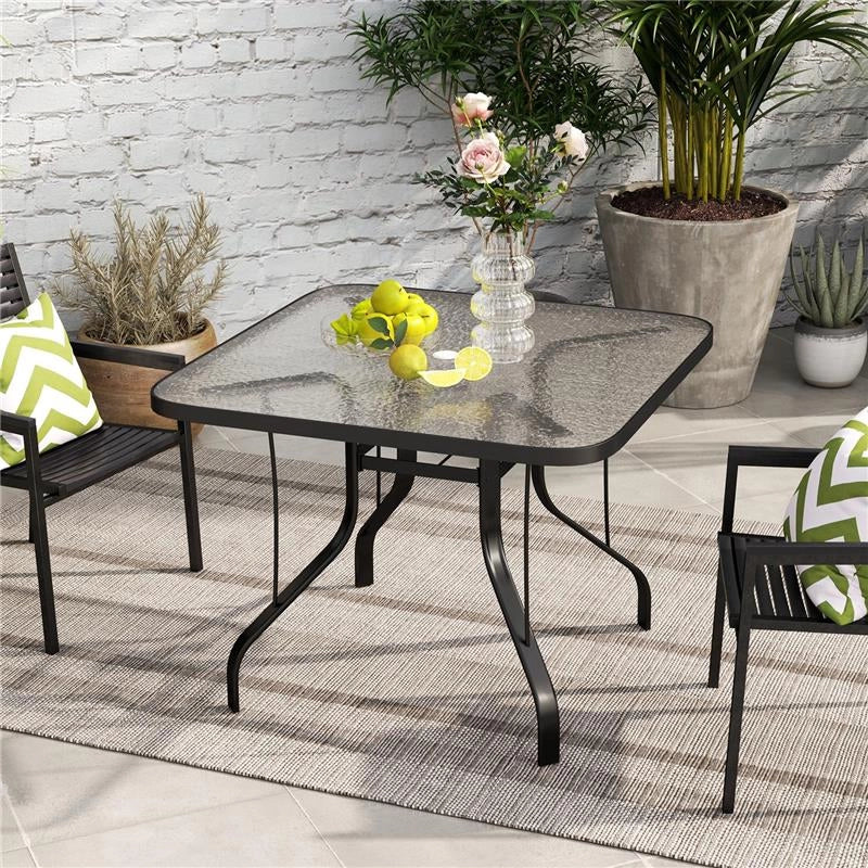 TAVOLO DA GIARDINO QUADRATO A 4 POSTI CON PIANO IN VETRO E FORO PER OMBRELLONE Ø 54 MM NERO