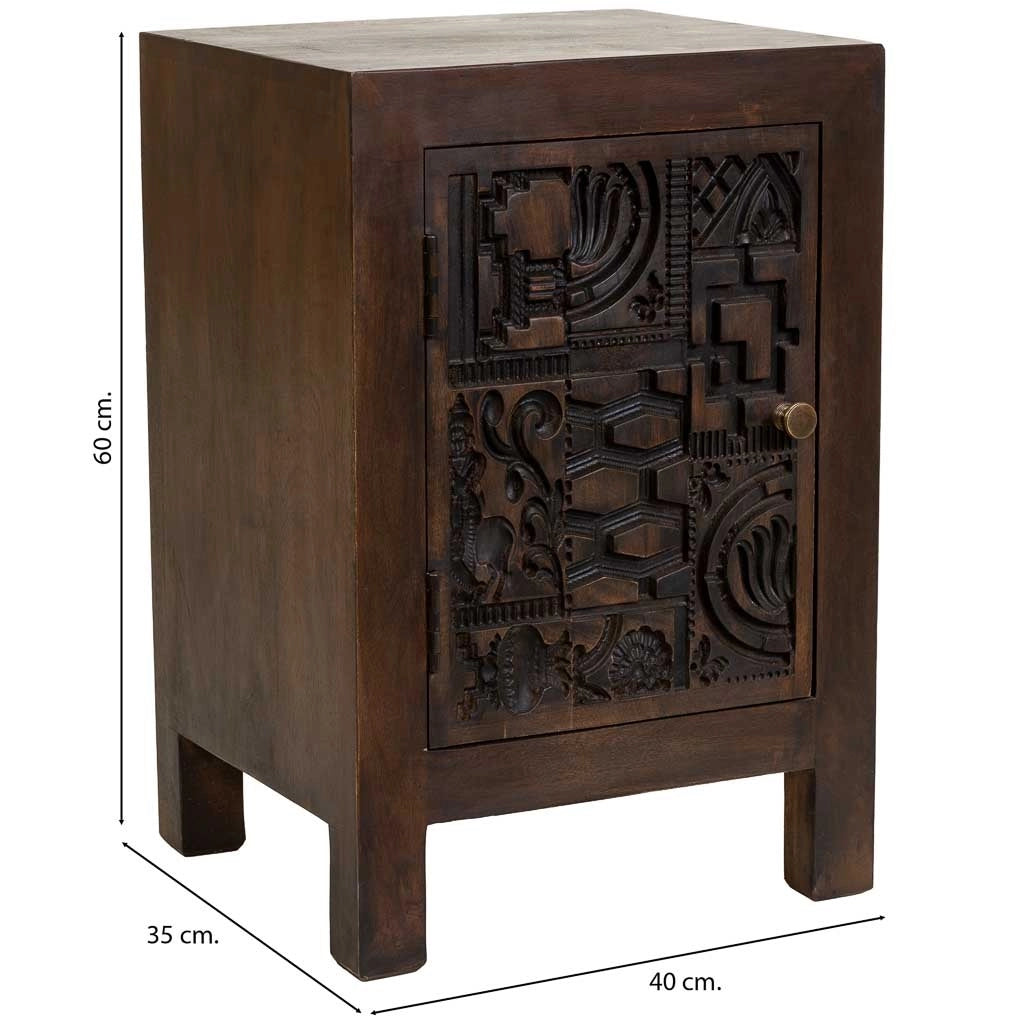 Comodino in legno marrone intagliato a mano 40x35x60h cm