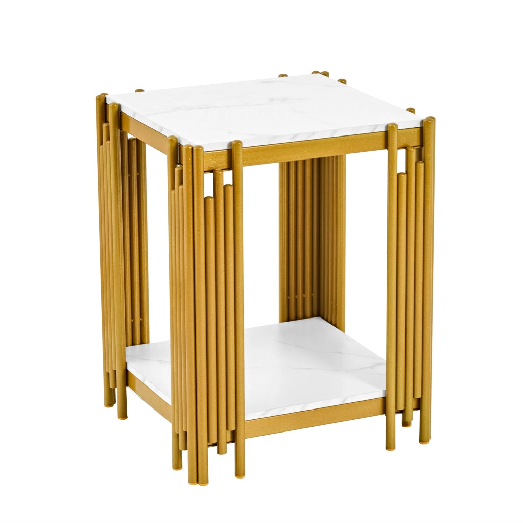 Tavolino con 2 ripiani in MDF effetto marmo e metallo; bianco e oro