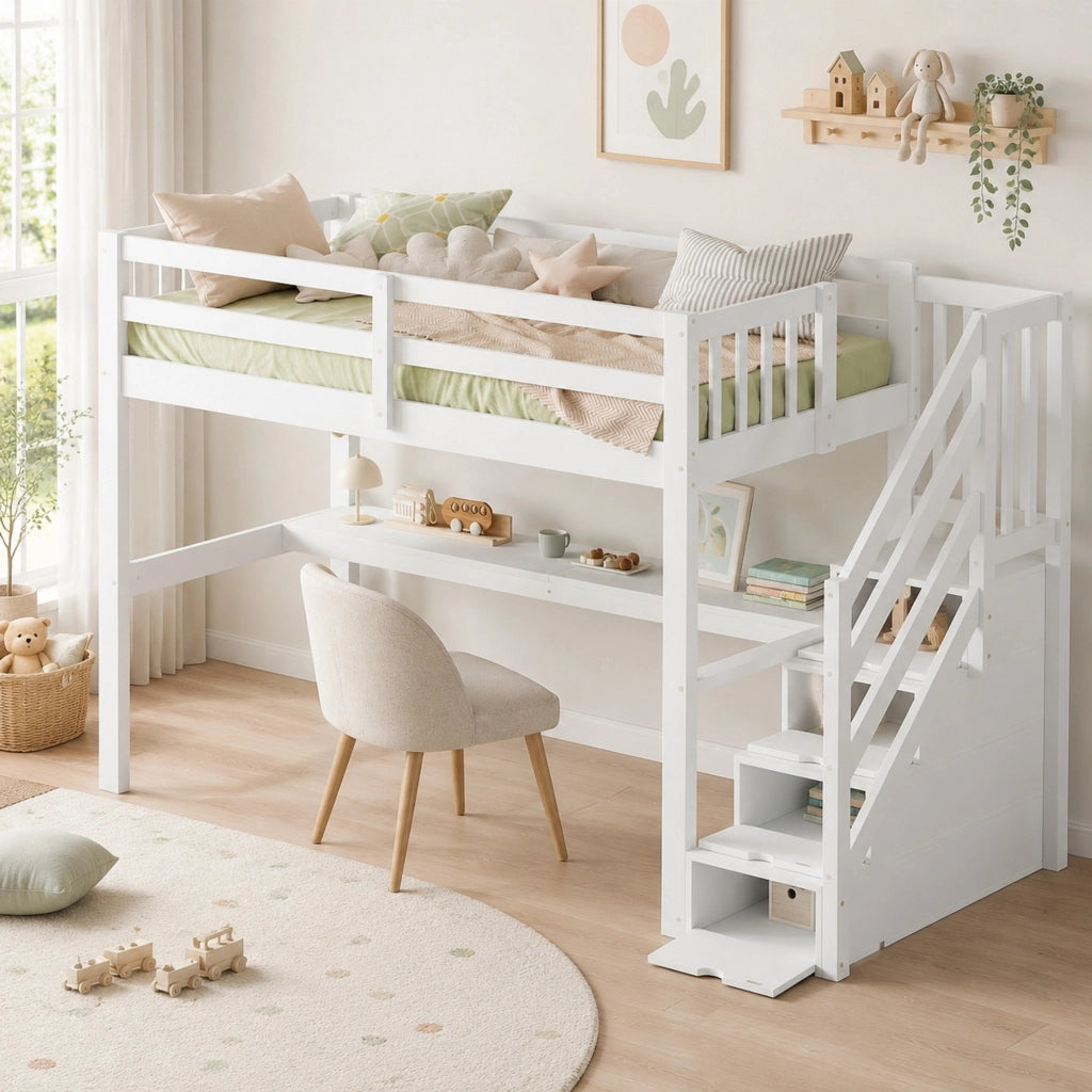 Letto a soppalco per bambini 90x200 cm con scrivania bianco