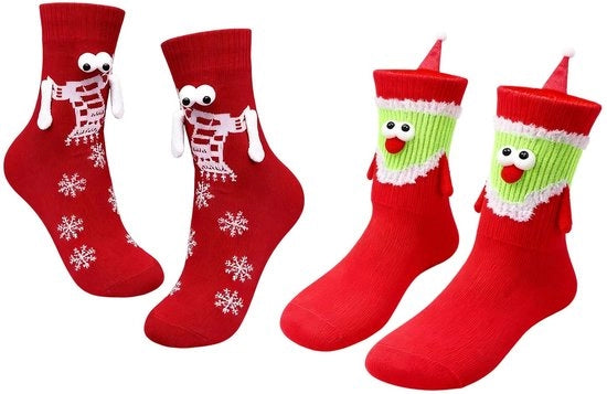 Sokke magnetiche da regalo 2 paia - Disegno divertente - Rosso - Tessuto con magneti - Manopole da Natale