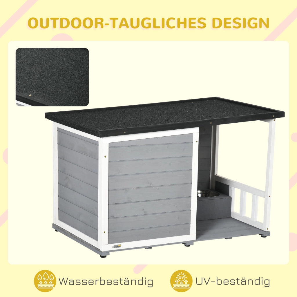 Cuccia per Cani in Legno Massello con Veranda e Ciotole ¨C zephmum ¨C 103x62x66 cm Grigio e Bianco