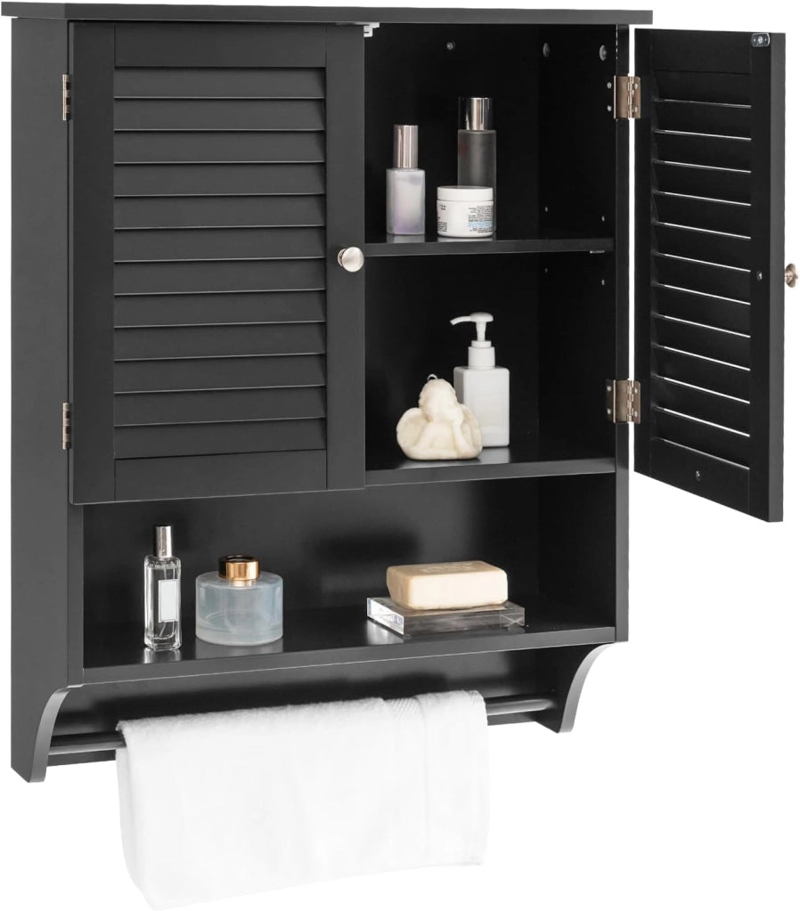 Armadietto da Bagno Sospeso 60x22x75cm, Mobile da Parete con 2 Ante, con Ripiano Regolabile in 3 Posizioni e Barra Porta Asciugamani (Nero)