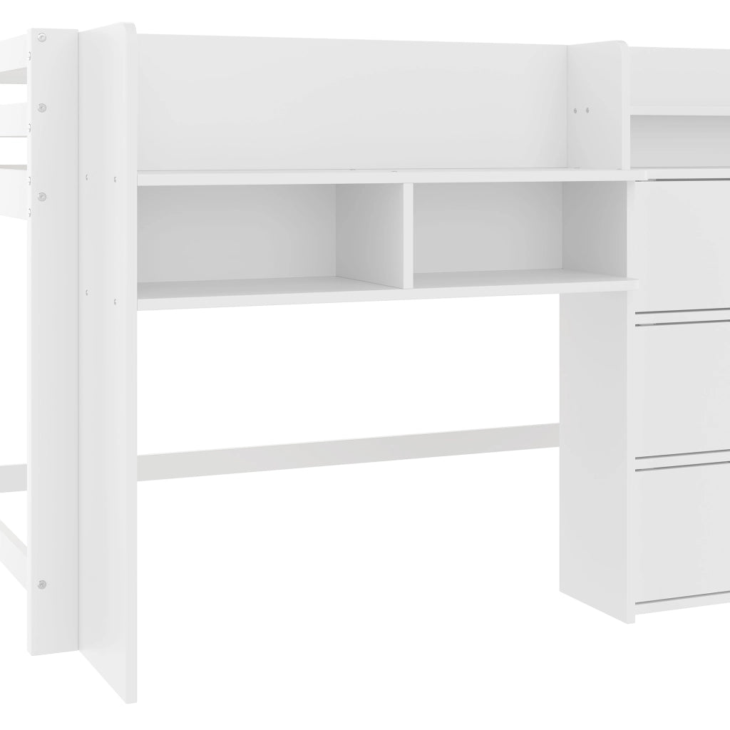 DESMIU Letto a soppalco 1 posto con 3 vani chiusi, scaffali e scala, 90 × 200 cm, senza materasso, bianco