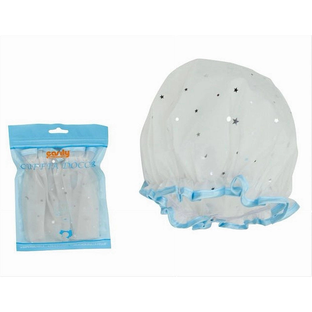 Trade Shop - Set 2pz Cuffia Doccia Bagno Elastico Bordino Azzurro Stelle Protegge Capelli 79610 -