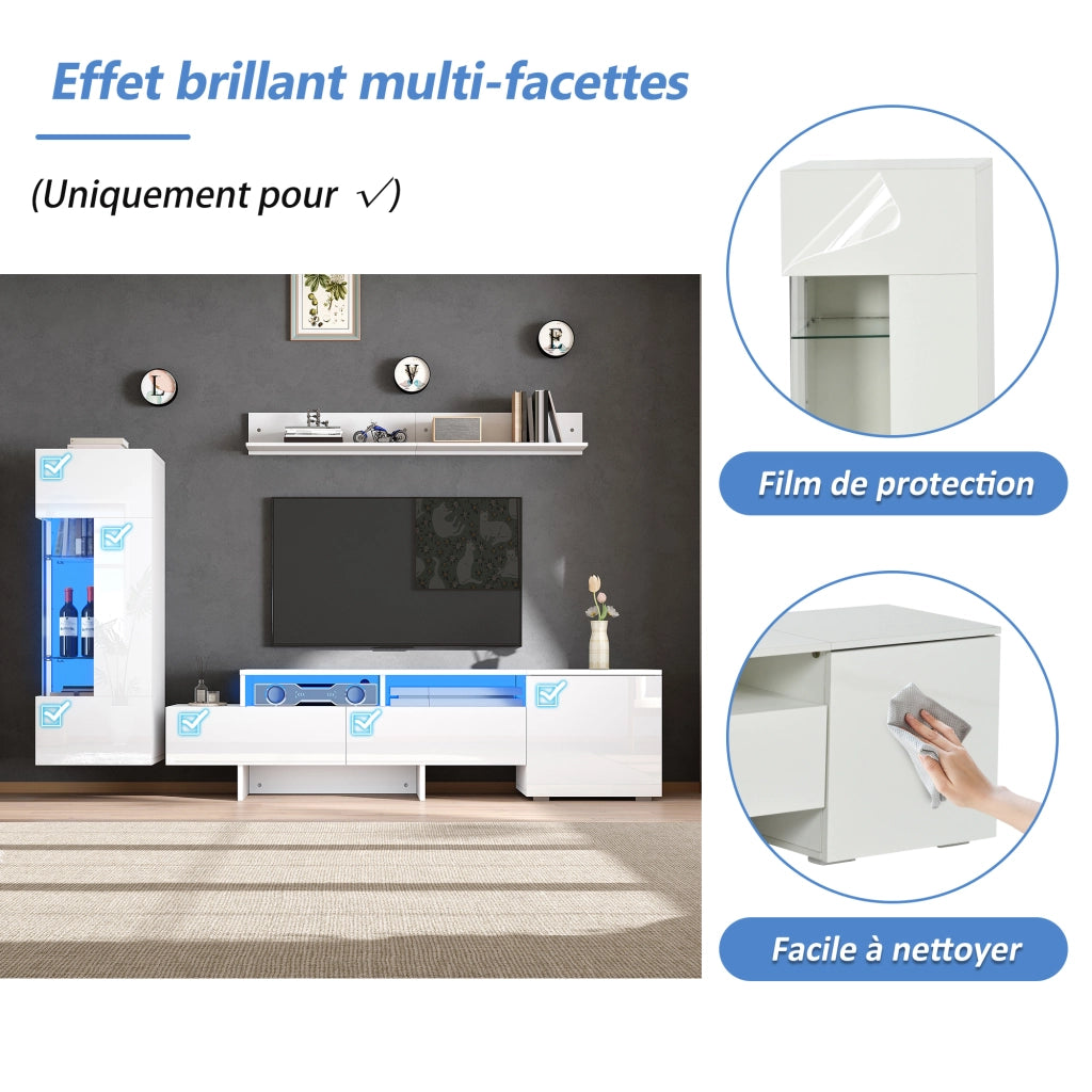 Set mobile porta TV con LED e fronti lucide, 1 anta, 2 cassetti e 2 vani aperti, stile moderno, per soggiorno, bianco