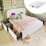Letto matrimoniale 140x200 con materasso, LED, USB-C e cassetti