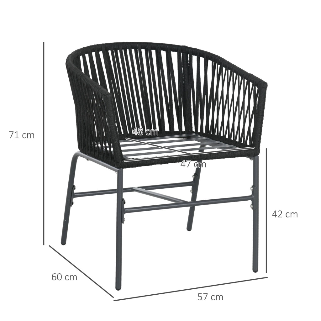 Set di 2 sedie da giardino in acciaio nero con corde intrecciate e cuscini sfoderabili 71 × 57 × 60 cm
