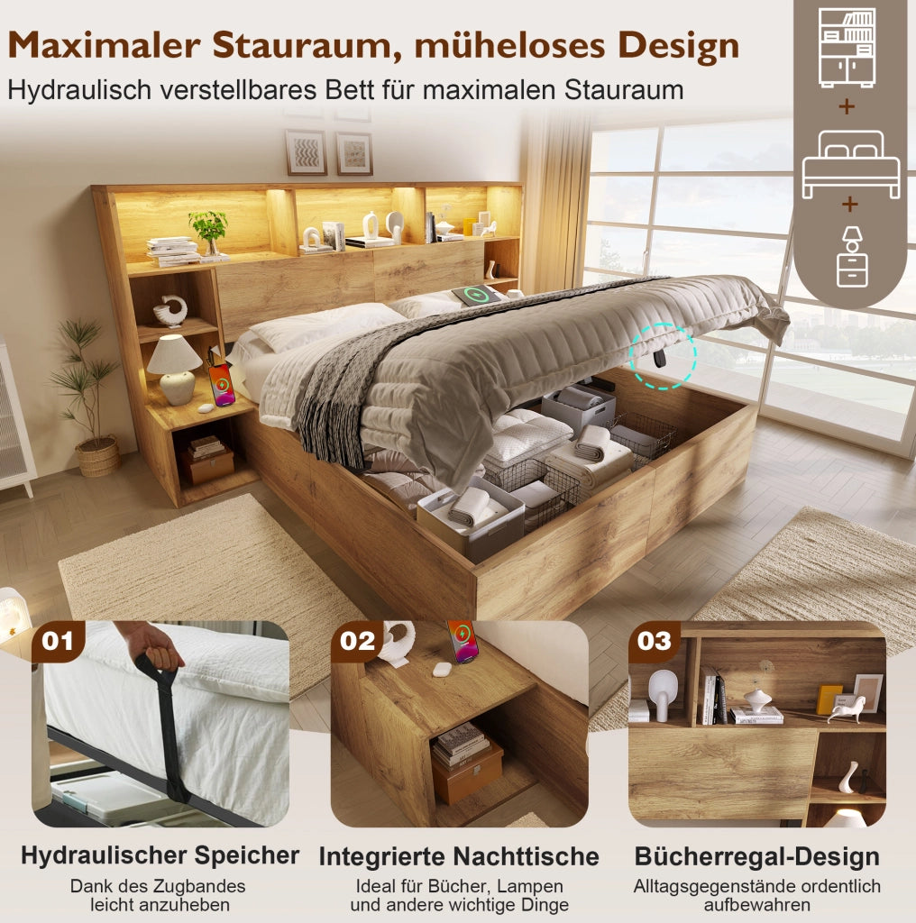 Letto matrimoniale 160x200 cm rovere con LED e USB-C