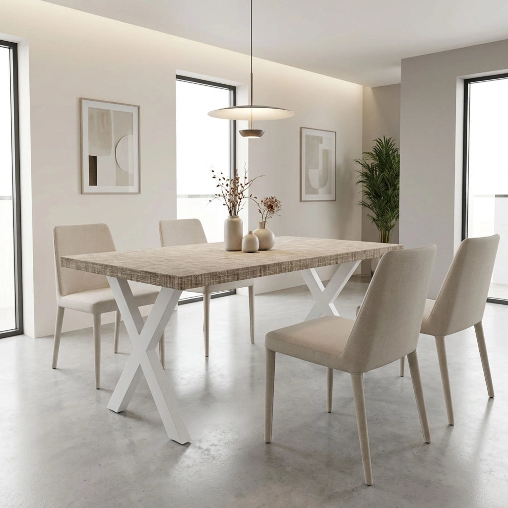 Tavolo da pranzo in legno e metallo con piedi x-shaped bianchi 160x90 cm Grigio Testurizzato