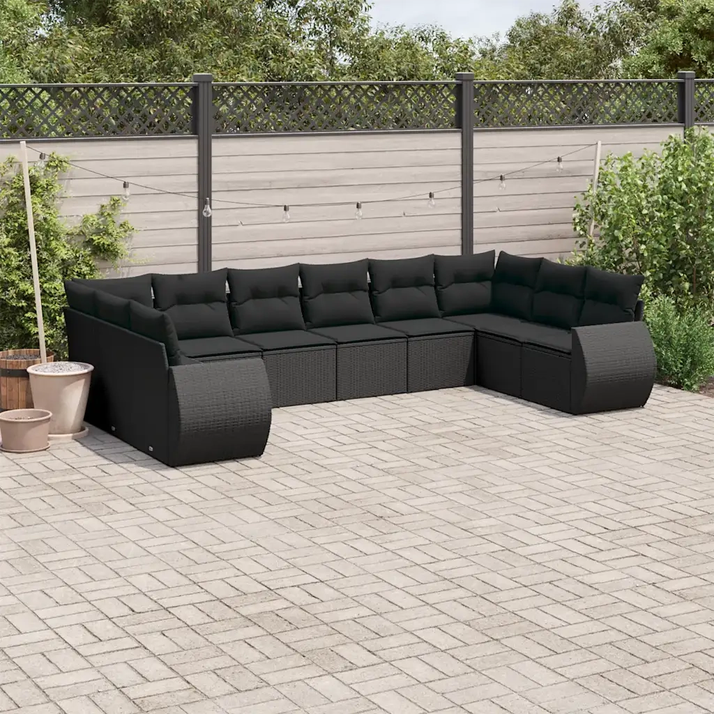 Set Divani da Giardino 10pz con Cuscini in Polyrattan Nero
