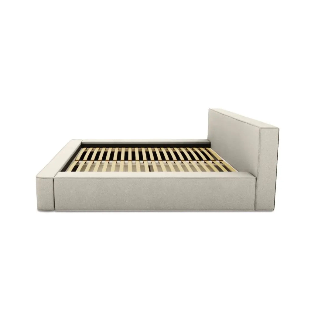 Letto contenitore VELORA – Sabbia ricciolata – 180x200 cm – Tessuto effetto lana – Rete sollevabile – Contenitore integrato