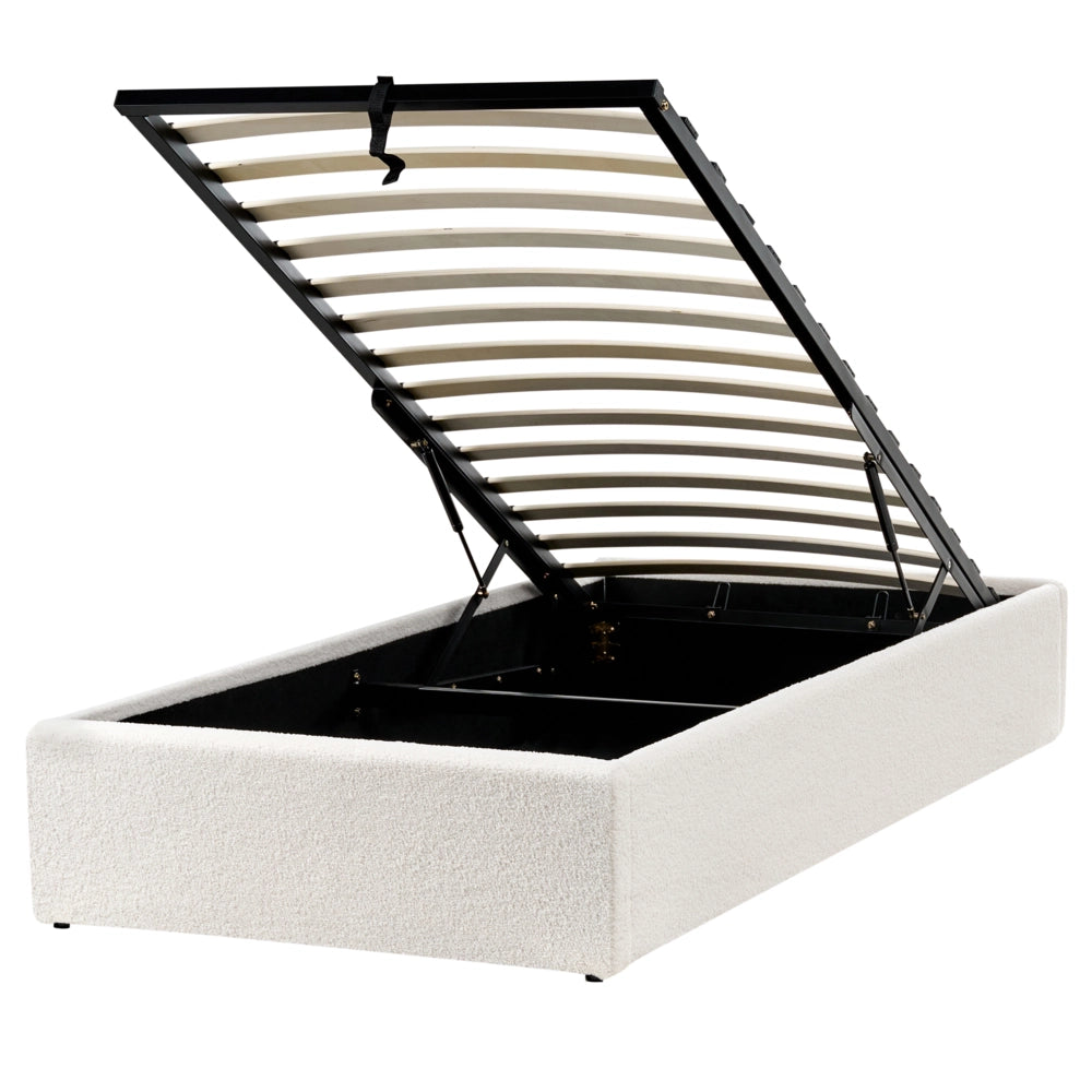 Letto singolo con contenitore in tessuto bouclè bianco sporco 90 x 200 cm portaoggetti stile moderno