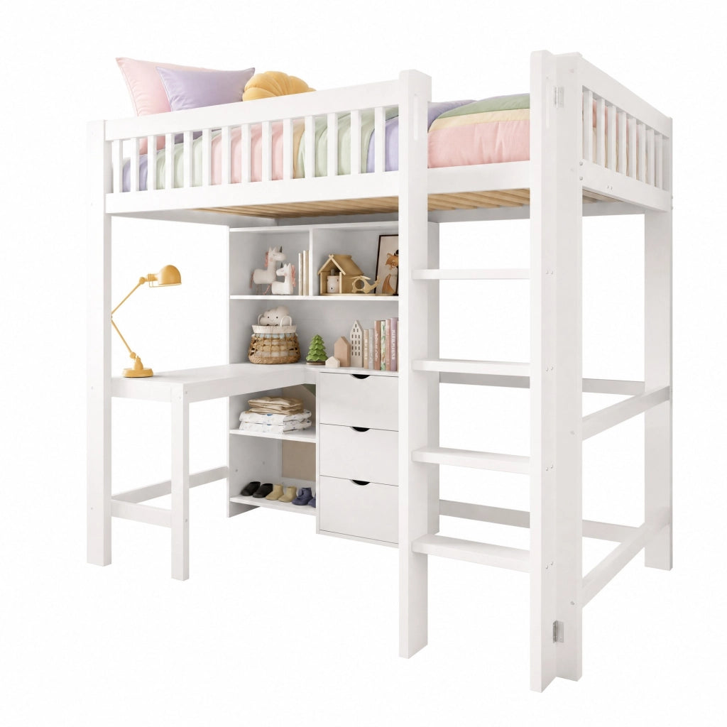 Letto a soppalco bianco 90x200 cm con scrivania e cassetti