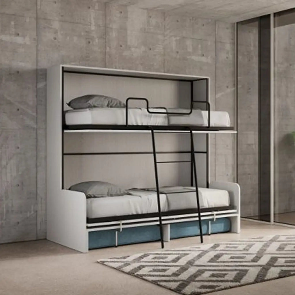 Letto doppio a scomparsa Kando con divano bianco frassino, azzurro