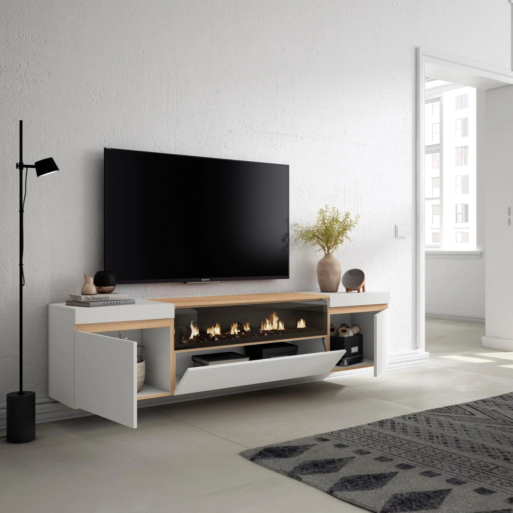 Mobile TV Soggiorno, 200x45x35cm, Per TV fino a 80", Camino elettrico, Sospeso, da appendere, Bianco e Rovere soft