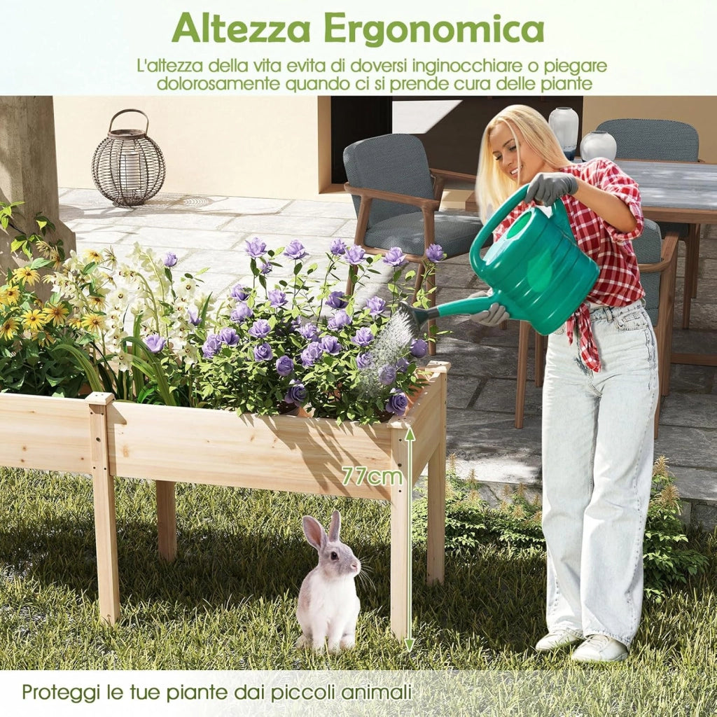 Fioriera da Giardino Rialzata, Letto da Giardino Elevato in Legno con Pannello Divisore, Fori di Drenaggio, Aiuola Rialzata per Piante, Fiori, Erbe e Verdure (Naturale)