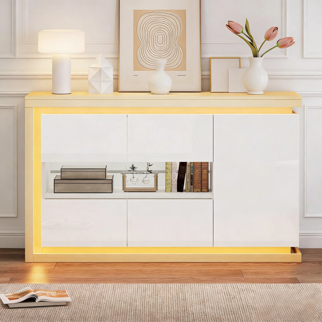 Credenza con 3 ante e ripiani regolabili; illuminazione LED per soggiorno ingresso e ufficio 140 x 40 x 84 cm bianco