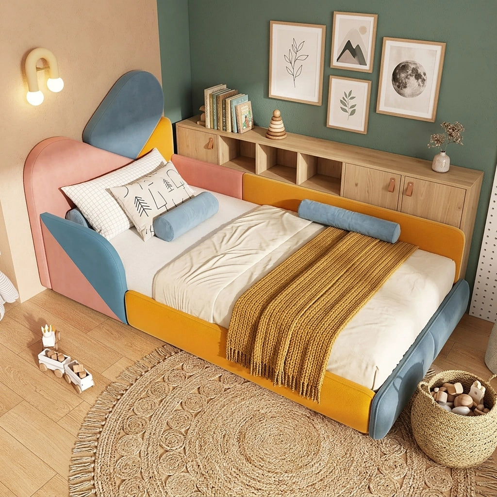 Letto imbottito per bambini 90x200 cm con sponde rialzate; velluto multicolore patchwork per cameretta