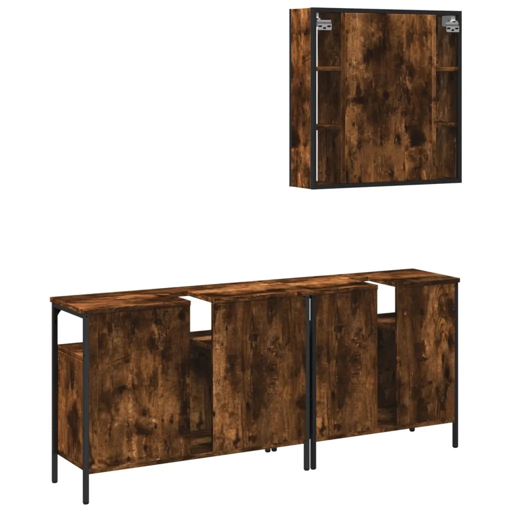 Set Mobili da Bagno | Armadio da bagno 3 pz Rovere Fumo in Legno Multistrato