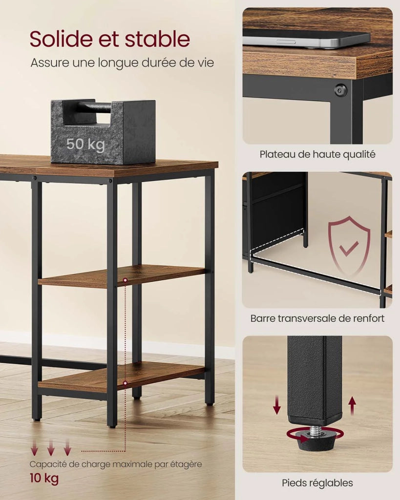 Scrivania per computer con spazio di archiviazione 3 ripiani 2 cassetti 60 x 140 x 76 cm per ufficio/soggiorno stile industriale marrone rustico e nero 12_0004571