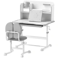 Set Scrivania e Sedia per Bambini Regolabili, Banco Scuola con Piano Inclinabile, Cassetto, Scaffale, Grigio