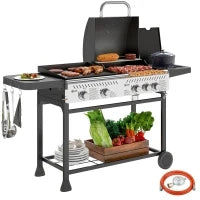 Barbecue a Gas con Piastra e Fornello, Coperchio con Termometro e Ripiani, Regolatore e Tubo Inclusi, Nero