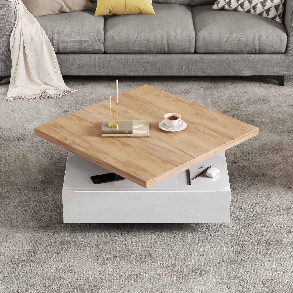 TAVOLINO da caffè girevole 70x70x36 cm bianco lucido e noce