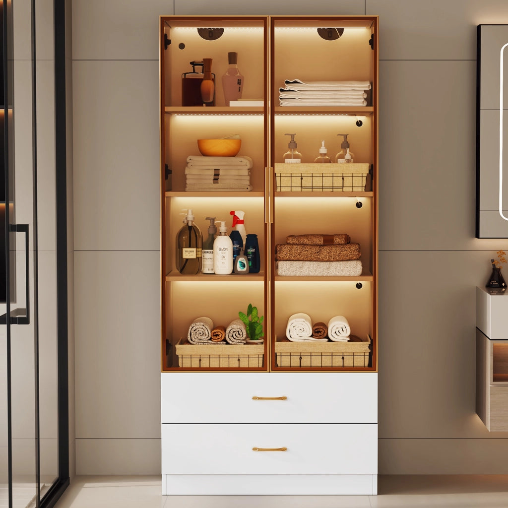 Armadietto da bagno in MDF bianco con vani aperti e 2 ante in vetro temperato per bagno studio e ingresso moderno
