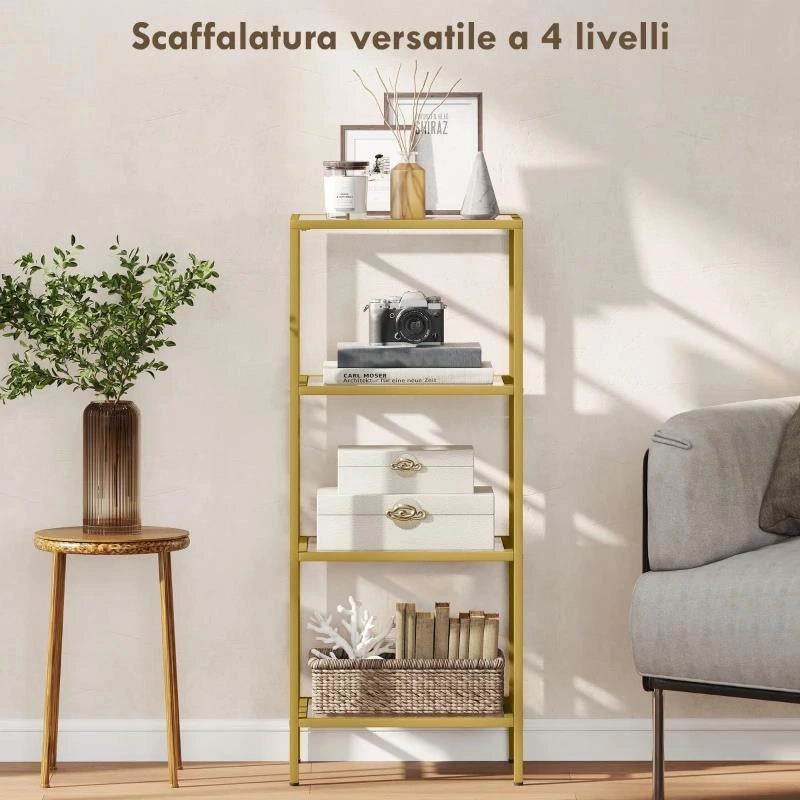 MOBILETTO SCAFFALE A 4 LIVELLI MINIMAL IN METALLO E VETRO TEMPERATO, 40X30X96.5 CM, COLOR ORO