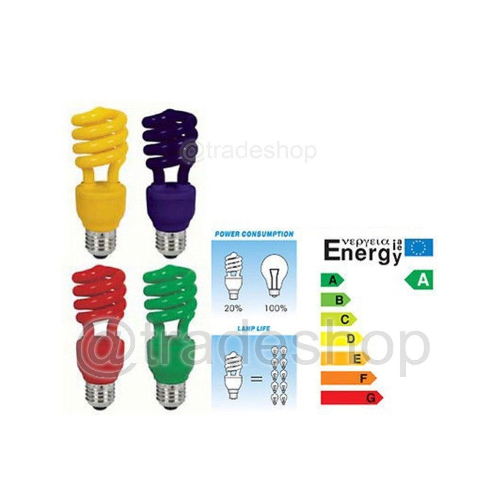 Trade Shop - Lampadina Risparmio Energetico Colorata 13w Blu Rossa Gialla Verde E14 E27 - -blu      E14-