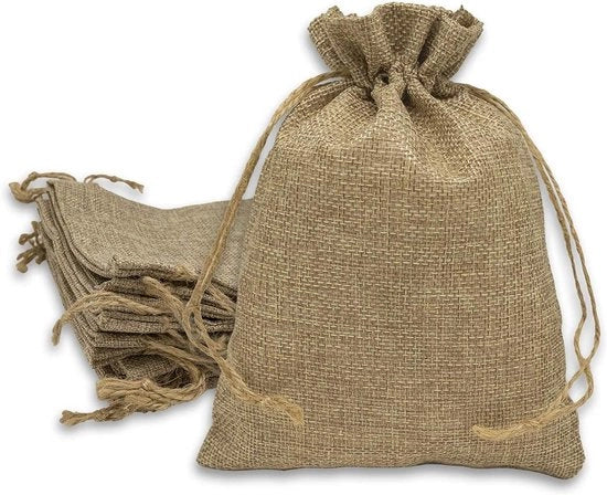 12 sacchetti di juta con cordoncino - Borse naturali marroni per regali (14x19 cm) - Adatte per feste, matrimoni e progetti di fai da te - Materiale di imballaggio ecosostenibile