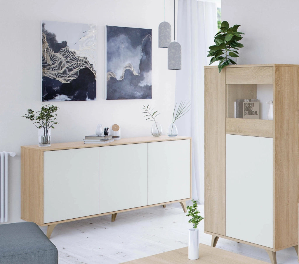 Credenza Acrolorum, Madia moderna a 3 ante e ripiani, Buffet da cucina, Buffet di design da soggiorno, cm 154x40h75, Rovere e Bianco