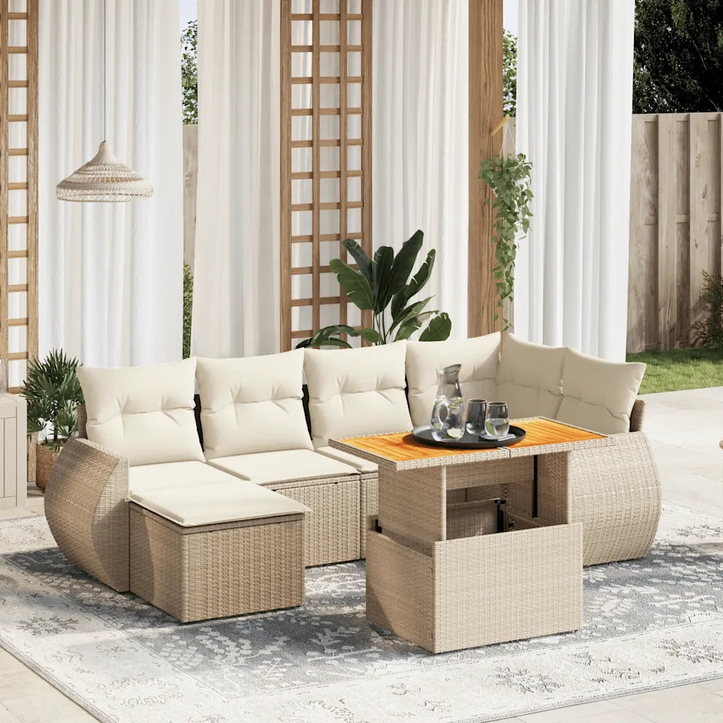 Set Divani da Giardino 7 pz con Cuscini Beige in Polyrattan