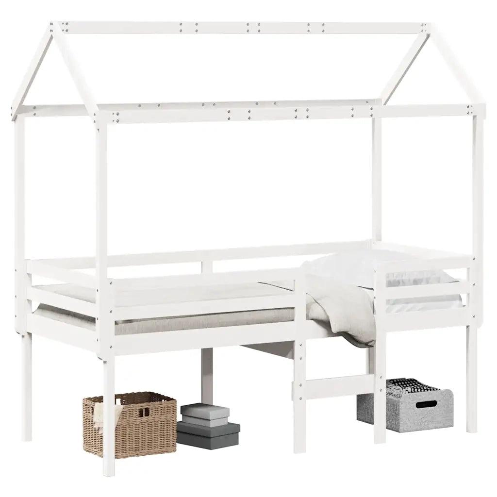 Letto a Soppalco con Tetto Bianco 80x200 cm in Legno di Pino