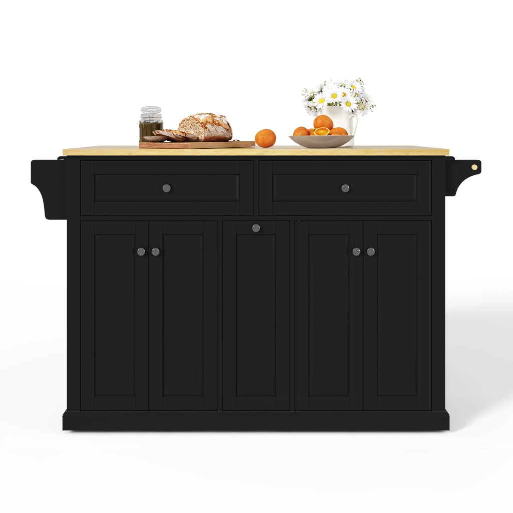 Isola Cucina Mobile 121x49/69x89 cm Nero e Legno con Piano Ribaltabile, 2 Cassetti e Ruote