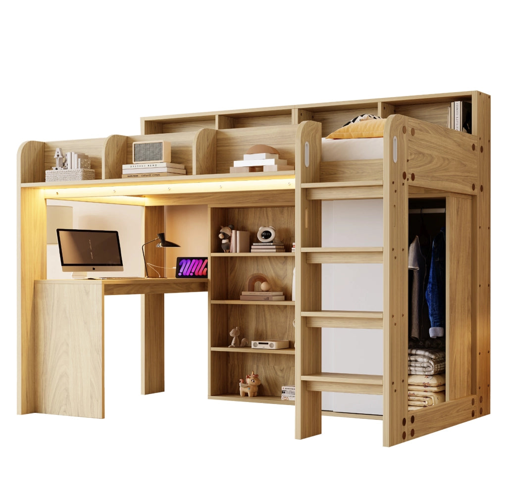 Letto a soppalco multifunzionale 90x200 cm in legno naturale con scrivania; armadio; LED e presa