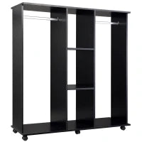 Armadio con 2 Guardaroba, 5 Ripiani e 6 Ruote, in Legno e Alluminio, 120x40x128 cm, Nero