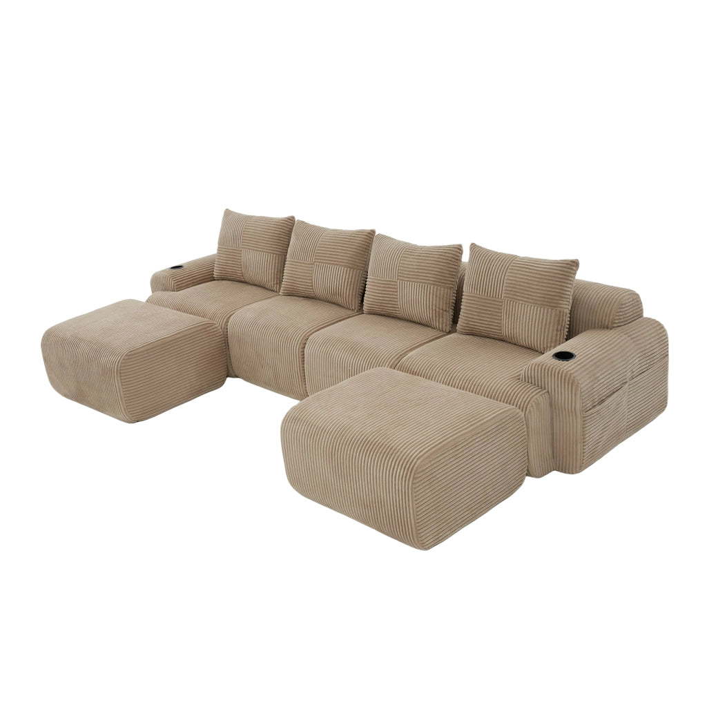 Divano Modulare 4 Posti con Poggiapiedi ¨C MINIMAL ¨C Tessuto, Beige/Khaki, con Portabicchieri