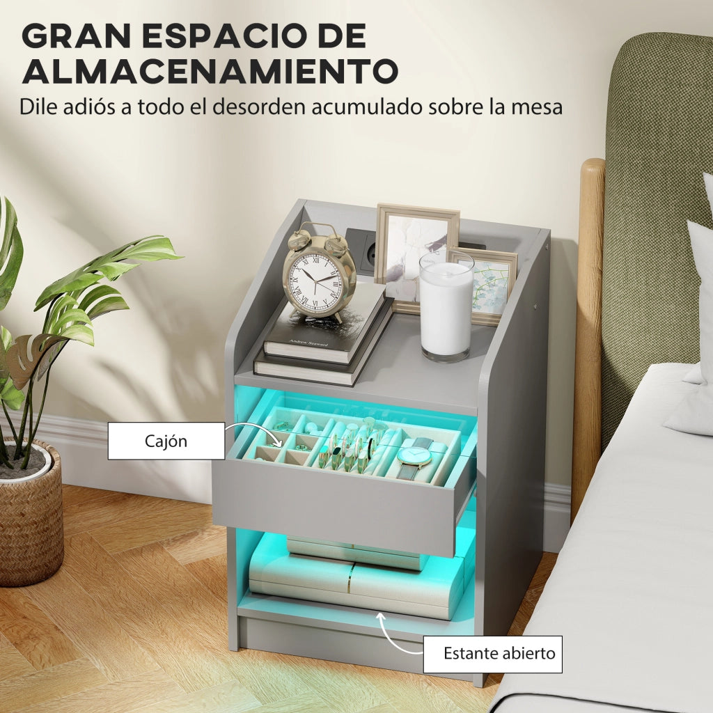 Comodino con LED RGB, stazione di ricarica USB, cassetto e controllo remoto ¨C zephmum ¨C grigio, 40x40x58 cm