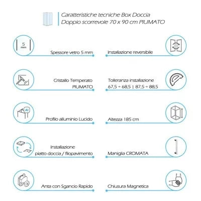Box doccia 70x90 angolare doppio scorrevole con vetro temperato opaco e profili cromo Geo
