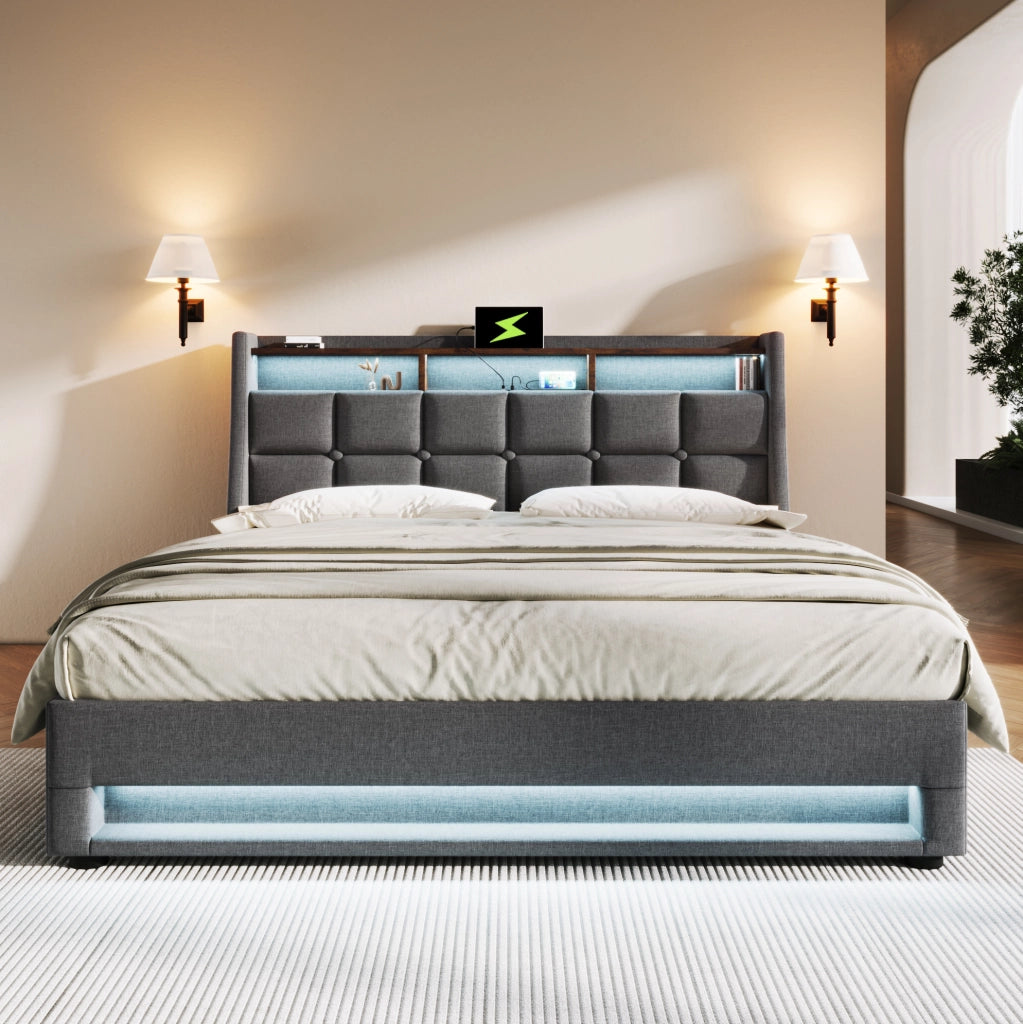 Letto imbottito 140x200 cm grigio con LED, USB e contenitore