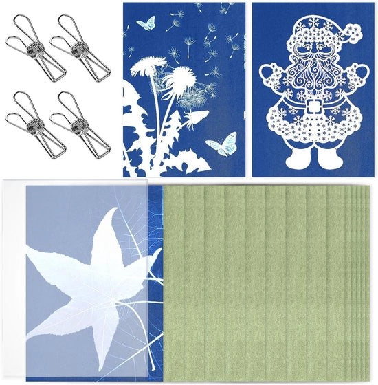 Kit di Cyanotipo A5 - 32 pezzi - Alta Sensibilità - Carta d'Arte - Stampante Naturale - Kit di Attività per Bambini e Adulti - 4 Clip - Pannello Acrilico - Fai da Te - Artigianato