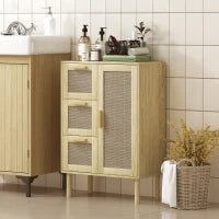 Mobile da Bagno in Stile Bohémien con 3 Cassetti e 3 Mensole, Frontale in Rattan Intrecciato, Compatto, 55 x 30 x 82 cm, Quercia