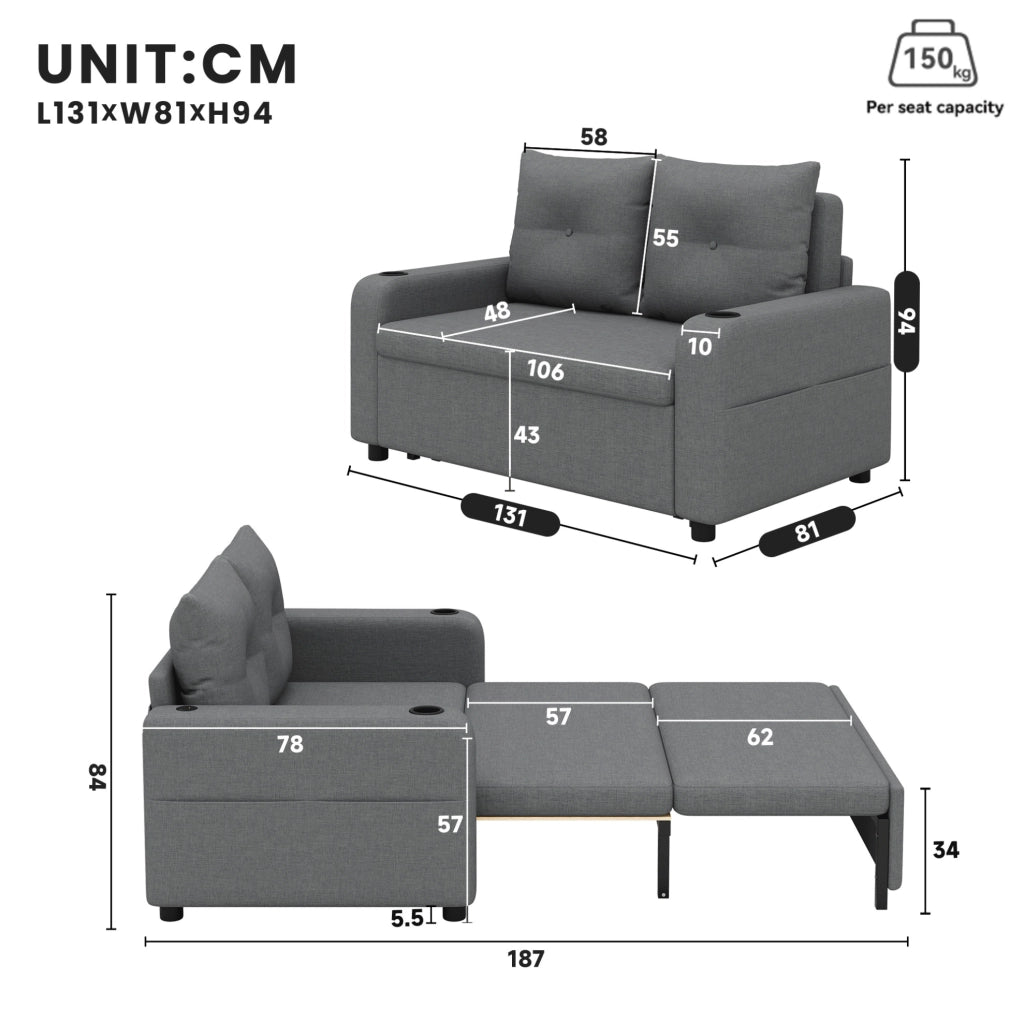 Divano letto 3 in 1 estraibile con USB e Type-C; 131 x 81 x 94 cm; grigio
