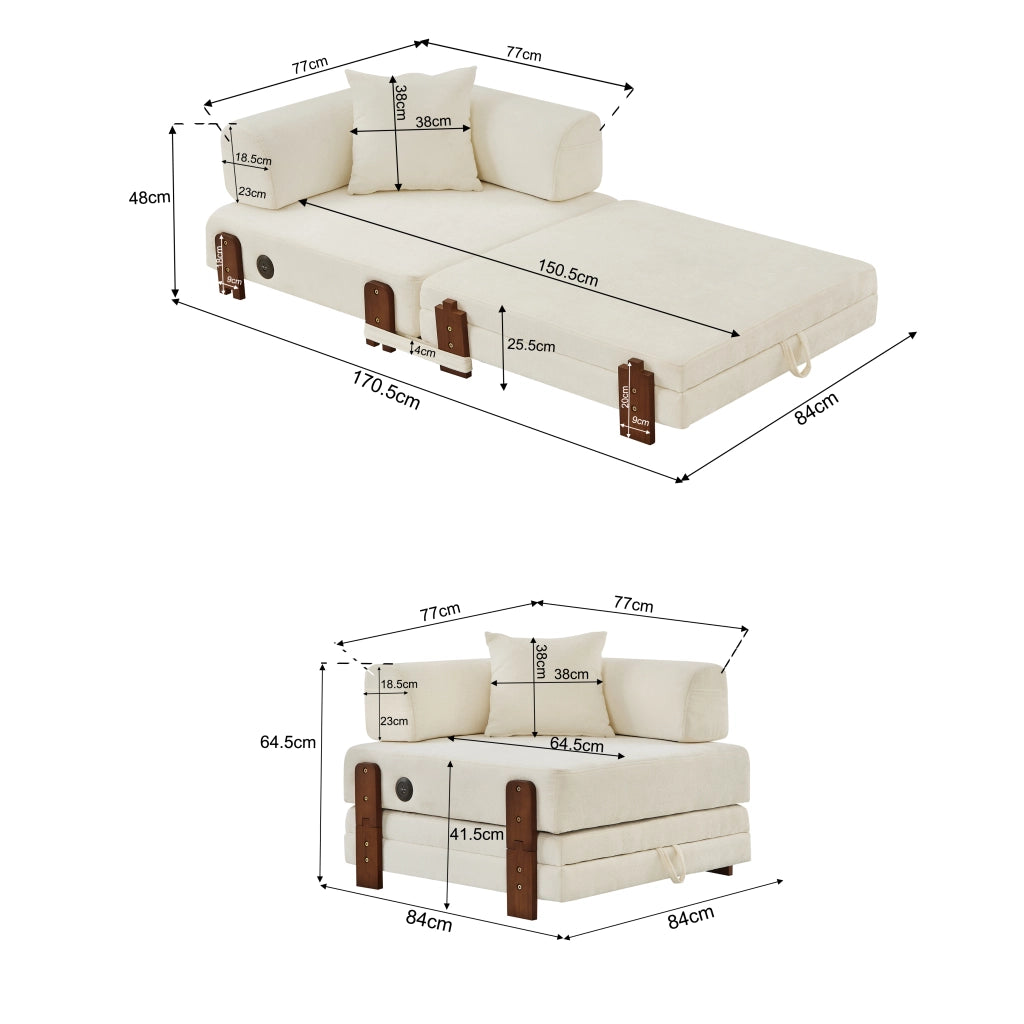 Divano letto pieghevole 2 in 1 con funzione letto e porte USB e Type-C con tasche portaoggetti in tessuto beige