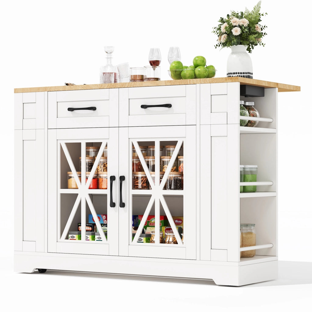 Isola da Cucina Mobile 120x40/65x92 cm con Piano Ribaltabile; 2 Prese; 2 USB; Ante in Vetro e Ruote