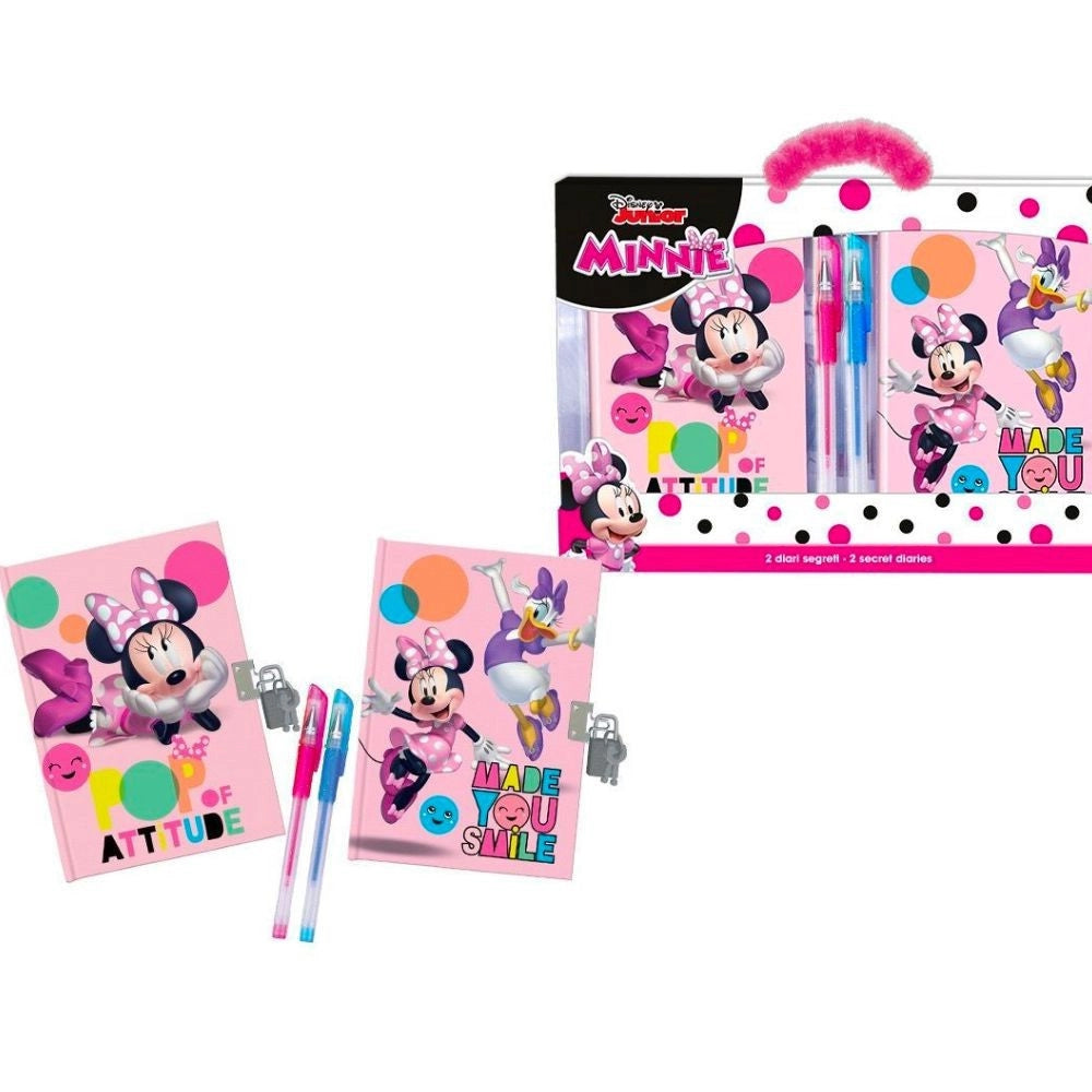 Trade Shop - Set Diari Segreti Minnie Disney Con Lucchetto Chiavi Penne Glitterate Colorate -